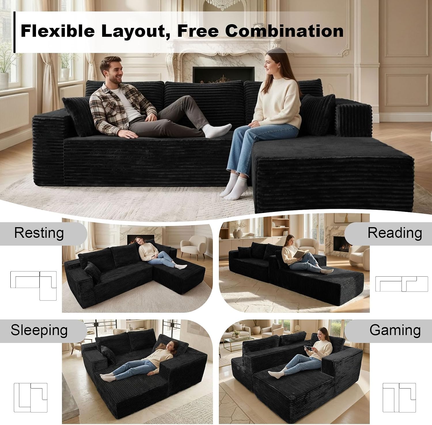 HOMMIDIKA BS701-RBK black right-chaise boneless modular sectional — Amazon product image 3
